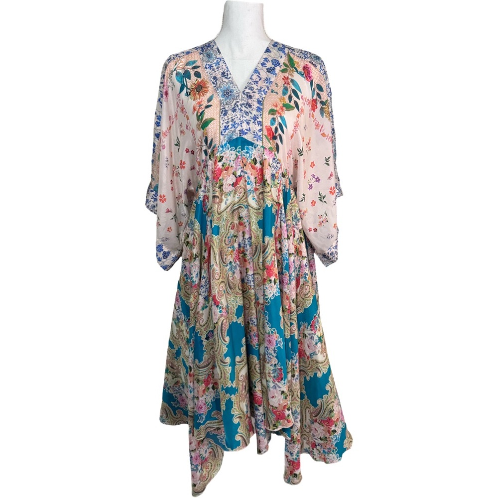 Johnny Was Asymmetrical Silk Floral Dress in Blue and Pink